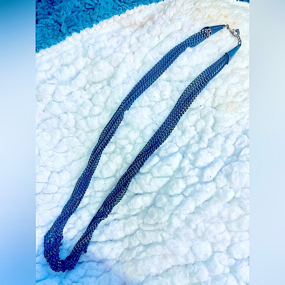 Vtg multi chain necklace oriental choker 6 Strand  metal ethnic blue/gold